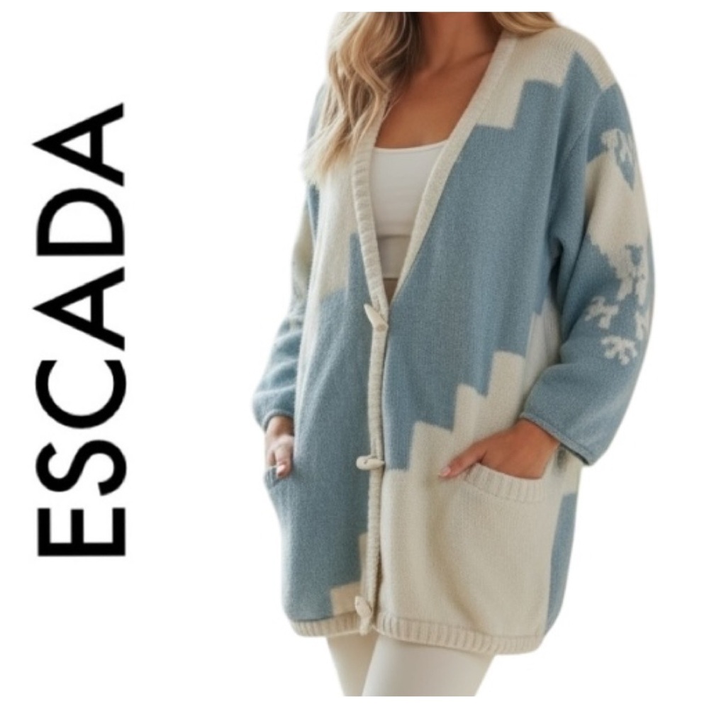ESCADA Vintage 80s Mohair Wool Blue White Geometric Cardigan Sweater Medium